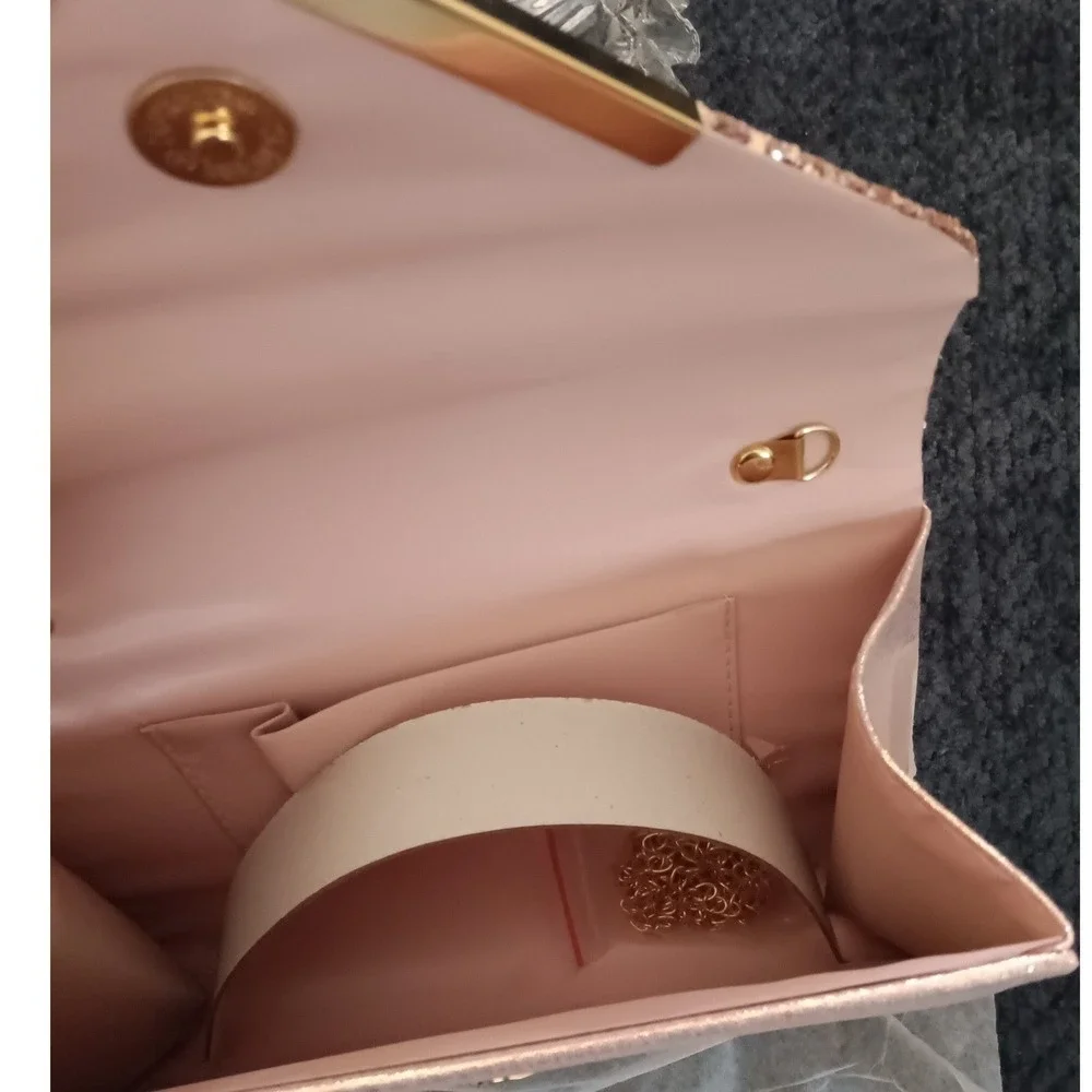 Champagne‎ Pink Glitter Envelope Clutch Bag Gold V Trim Formal Evening Purse NEW
